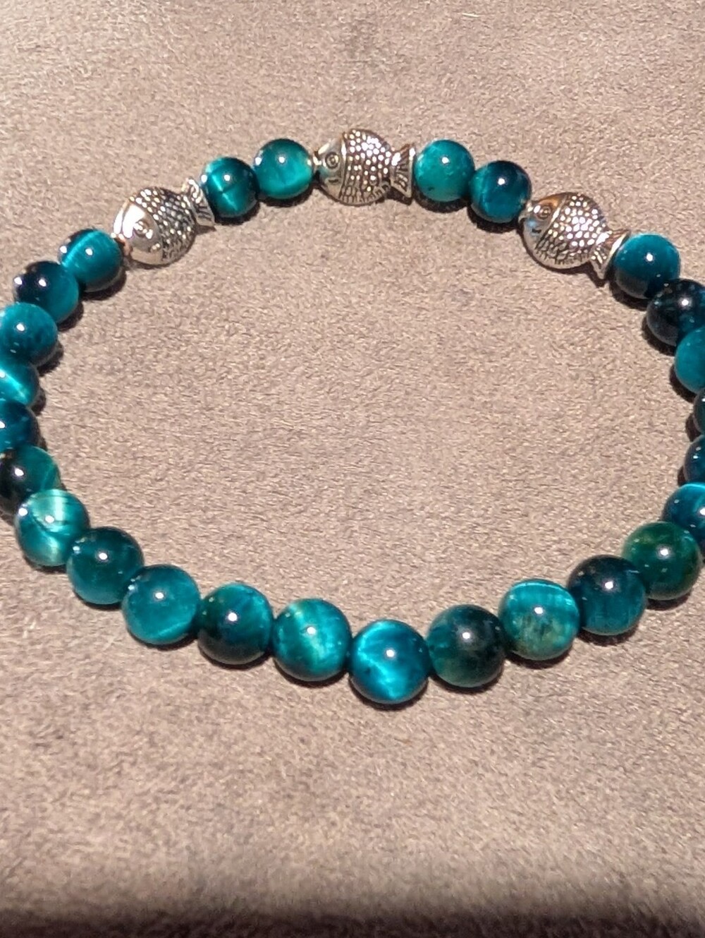Teal Tigers Eye with Fish Accents Stretch Bracelet - Picture 8 of 8
